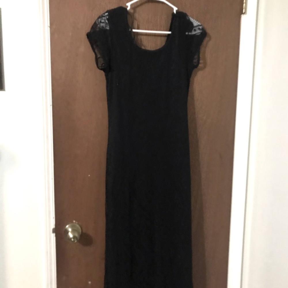 Long black crochet lace look dress with liner